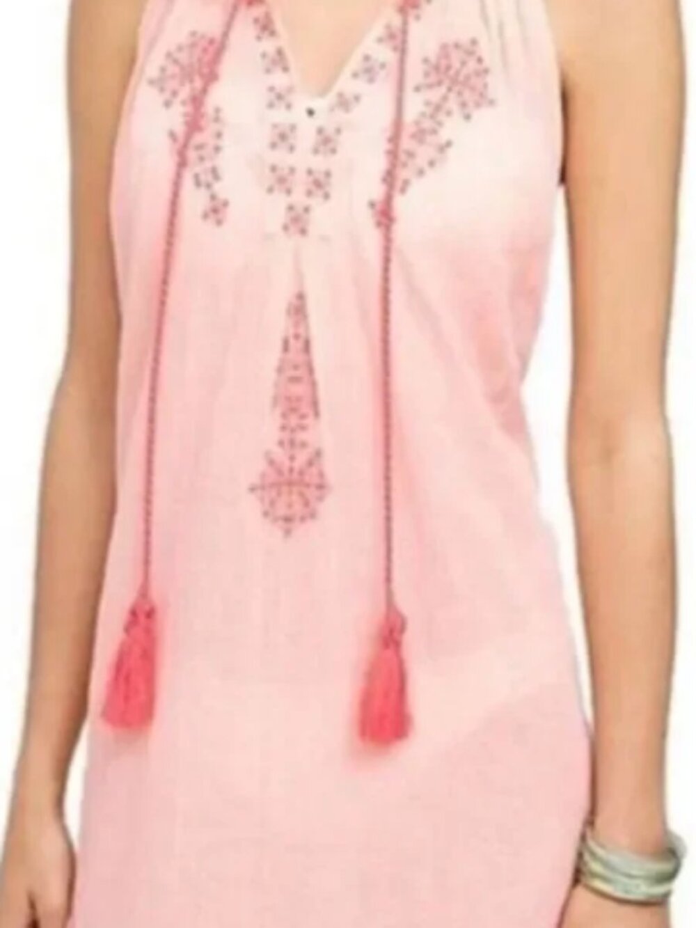 Anthropologie Mermaid Peach Embroidered Dress Large Boho Peasant Cotton Sheer